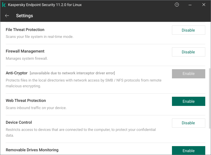 Kaspersky Endpoint Security Linux GUI Settings